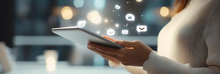 Poster - Panoramic view of a woman interacting with a social media interface on her tablet. Concept of virtual communication.