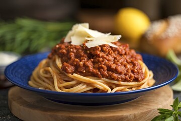 A plate of spaghetti topped with a rich, red sauce, garnished with shavings of white cheese