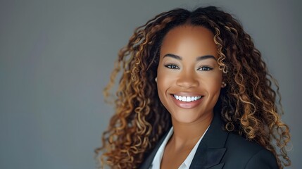 Professional woman with curly hair smiles warmly in a business attire portrait taken indoors with neutral background