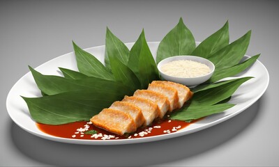 Sliced steamed fish cake served with rice and sauce, garnished with leaves