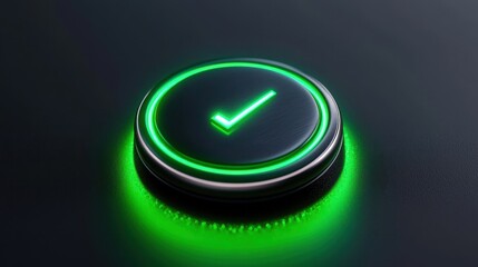 Futuristic green confirmation button with glowing effects on a dark background, ideal for tech designs.