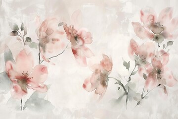 Poster - Soft watercolor flowers bloom in gentle hues, creating a serene atmosphere and showcasing delicate brushwork and elegant design. Generative AI