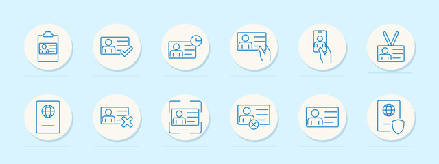  Identification set icon. Clipboard, verified ID, clock, handing, mobile ID, lanyard , rejected, passport with cross, scanned ID, passport with shield.