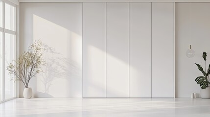 Minimalist wardrobe concept featuring a clean white closet with sliding doors and minimal storage compartments, isolated in a white space.