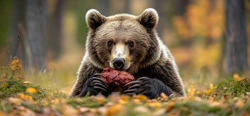 Wall Mural - brown bear eating meat in the forest.