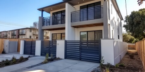 Modern Home with Navy Blue Aluminum Double Gates, White Walls, and Grey Pillars with Apartment Building in Background