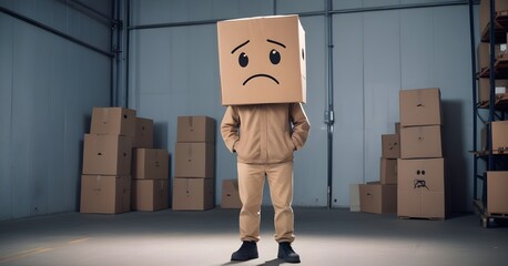 A person wearing a cardboard box with a sad face drawn on it, standing in an warehouse