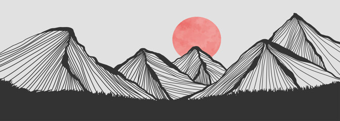 Wall Mural - Hand drawn Mountain line arts illustration. Abstract mountain contemporary aesthetic backgrounds landscapes. use for print art, poster, cover, banner