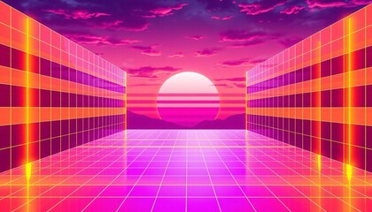 Wall Mural - vaporwave grids Retro Style landscape with grid background