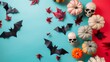 © VK Studio - A mix of skulls, bats, and vibrant pumpkins on divided pastel backgrounds captures a playful Halloween atmosphere.