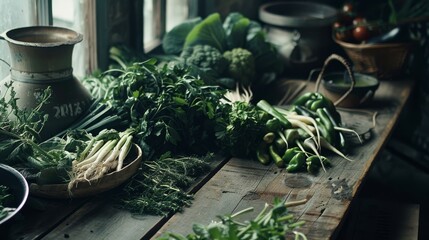 Poster - A rustic wooden table laden with fresh greens and vegetables, bathed in soft natural light from a nearby window, evoking a sense of farm-to-table freshness.