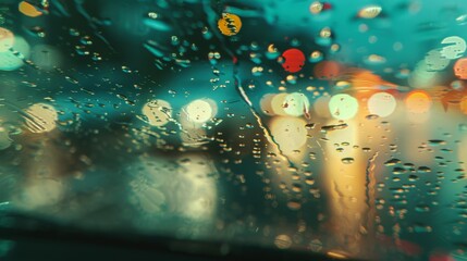 Wall Mural - Water droplets scatter across a car windshield at dusk, with city lights creating a kaleidoscopic illumination in the background.