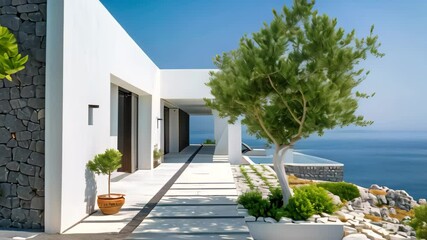 Wall Mural - a white, modern villa with traditional greek architectural elements sits overlooking the clear blue 