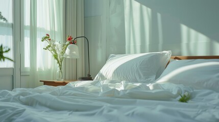 Sticker - Bright morning scene with white bed linens and soft pillows in a sunlit room, large windows, and a vase of flowers radiating calm and freshness.