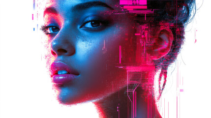 Poster - A digital artwork featuring an enhanced human face with vibrant colors and pixelated effects, blending technology with human features.