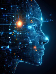 Poster - A side profile of a digitized face embedded with intricate blue circuitry, symbolizing advanced cybernetic integration.