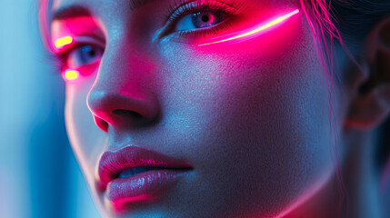Poster - A close-up of a face artfully accented by neon pink glowing lines, capturing futuristic aesthetics with human emotion.
