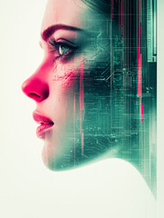 Poster - a futuristic profile view of a face embedded with digital circuits, glowing in red and green, symbol