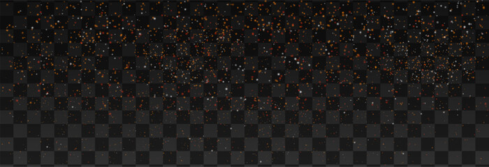 Red glowing particles floating on transparent background. Abstract glittering dust, shiny sparkles, and bokeh effects