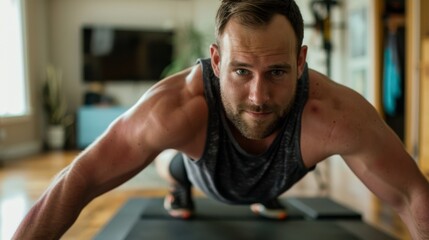 Wall Mural - A man intensely focused during a push-up workout at home, exuding strength, determination, and personal dedication to fitness.