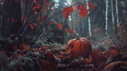 Poster - In a shadowy forest scene, a pumpkin lies on the ground surrounded by rich autumnal leaves under a darkening sky.