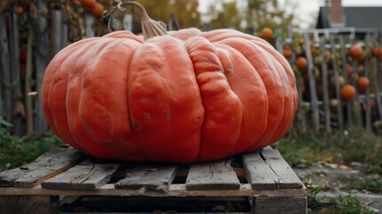 Canvas Print - A vibrant orange pumpkin rests on a wooden pallet in an autumn setting, showcasing rustic charm amidst a harvest backdrop.