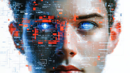 Poster - A close-up digital portrait of a person with intense and detailed cybernetic elements set in a futuristic style.