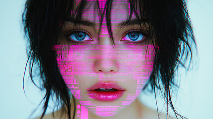 Poster - A close-up shot of a woman overlaid with pink cyber patterns, symbolizing the intersection of identity and digital aesthetics.