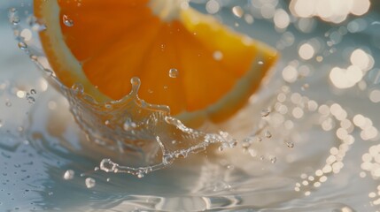 Wall Mural - An orange slice gracefully impacts water in slow motion, creating droplets that sparkle and capture the essence of freshness and vitality.