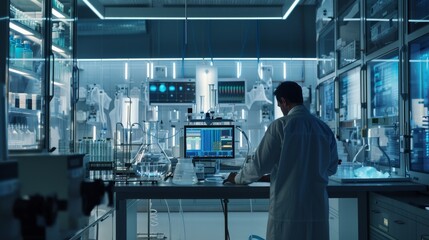 A scientist stands amidst a futuristic lab filled with advanced equipment, embodying the essence of scientific exploration and discovery.