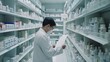 © VK Studio - A pharmacist intently reads a prescription in a well-stocked pharmacy aisle, surrounded by neat shelves of various products.
