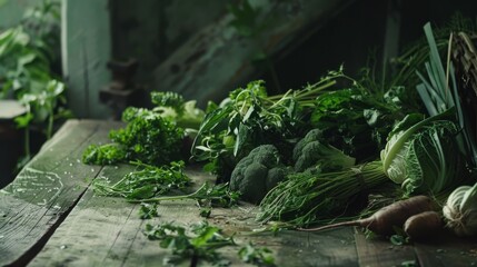 Wall Mural - Freshly picked vegetables lie artfully arranged on a rustic wooden table, embodying a sense of garden harvest and culinary inspiration.