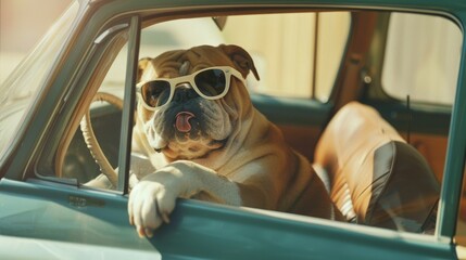 A bulldog enjoys a sunny day, wearing stylish sunglasses, and hanging out of a car window with a cheerful expression.