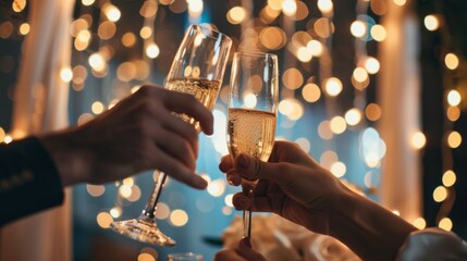 Two hands clink champagne glasses in a lively, illuminated setting, signifying celebration and shared joy.