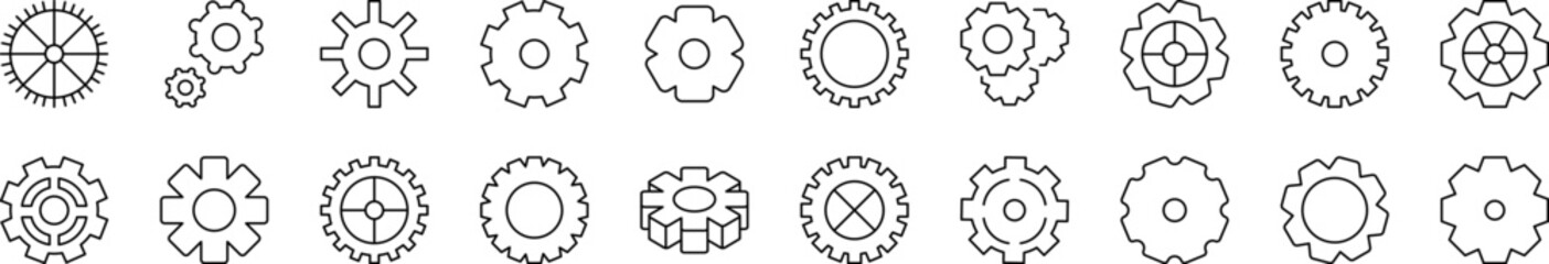 Wall Mural - gear and cogwheel as mechanism related line icon collection. editable stroke. perfect for infographi