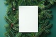 © SEUNGJIN - Christmas card mock up. Modern greeting card flat lay with green fir branches on green background. Empty postcard template with space for text. Merry Christmas and Happy Holidays