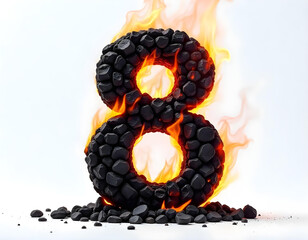 A number 8 is burning in flames on a white background
