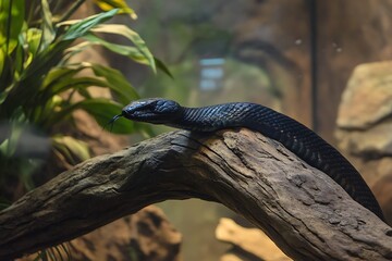 A close-up of a black snake resting on a log, surrounded by natural foliage.