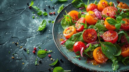 Wall Mural - Plate of salad with tomatoes and spinach on it, food background