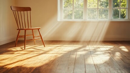 Poster - A minimalist interior with a wooden chair bathed in sunlight streaming through large windows, casting long shadows on the floor, creating a tranquil atmosphere.