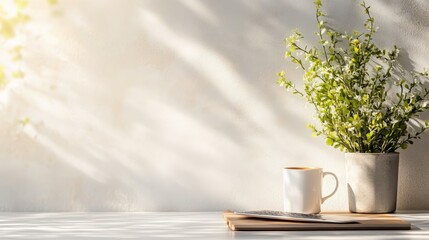 Poster - A clear workspace featuring a plant and a steaming coffee cup, bathed in natural light, perfect for focus and inspiration in a minimalist setting.