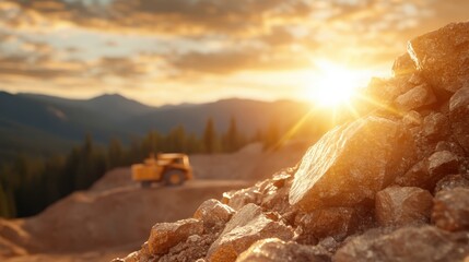 A captivating close-up of sunlit stones on a construction site, with the background showcasing a blurred excavator against a scenic landscape view.