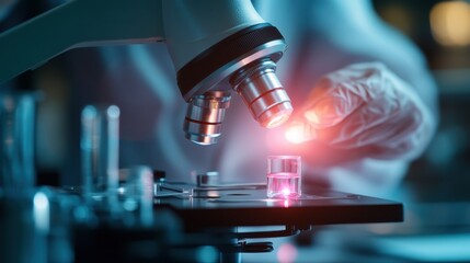 Poster - A scientist uses a microscope in a laboratory setting, enhanced by a glowing red light, symbolizing breakthrough, analysis, and cutting-edge scientific research.