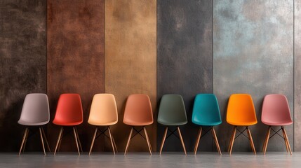 Poster - A row of multicolored chairs contrasts against a textured dark wall, showcasing a stylish, artistic array of seating in a contemporary environment.