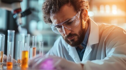 Poster - A dedicated scientist in a laboratory setting, wearing protective gear and deeply focused on conducting an experiment, showcasing the pursuit of scientific knowledge.