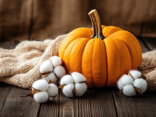 Wall Mural - Pumpkin and Cotton on Wooden Background