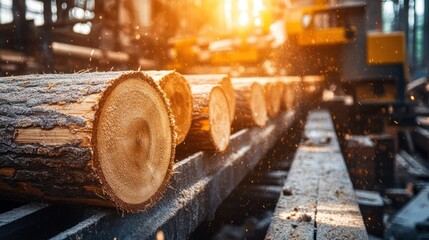 A close-up of logs being cut at a sawmill, with machines in action, symbolizing the work of the lumber and wood processing industry