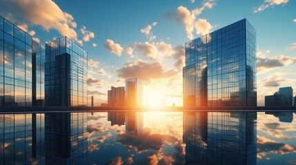 Wall Mural - Modern office building or business center. High-rise window buildings made of glass reflect the clouds and the sunlight. empty street outside  wall modernity civilization. growing up business