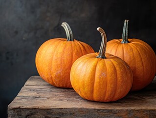 Wall Mural - Pumpkins on Wooden Table with Dark Wall Background