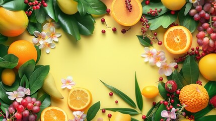 Sticker - Colorful fruits and delicate flowers are artistically arranged on a bright yellow surface, capturing the essence of spring freshness. Generative AI